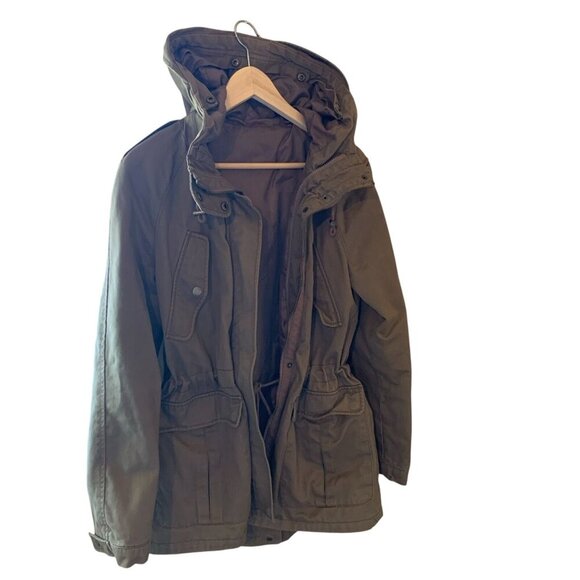 Olive Green Hooded Chore Barn Jacket LG Pockets Snaps 2 Zippers Draw String S-M - Picture 5 of 16